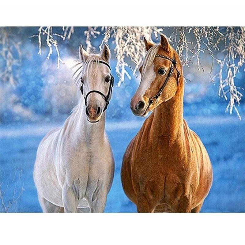 Paarden in sneeuwlandschap Diamond painting | Eigen foto | Dieren | Kopen | Dikke dames | Action | Nederland | Steentjes | Diamant | De Diamond Painter