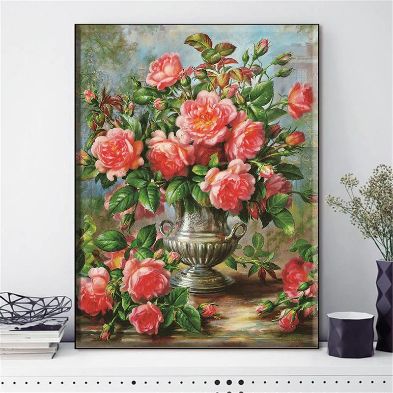 Vaas roze rozen v.a. 50x70cm Diamond painting | Eigen foto | Dieren | Kopen | Dikke dames | Action | Nederland | Steentjes | Diamant | De Diamond Painter